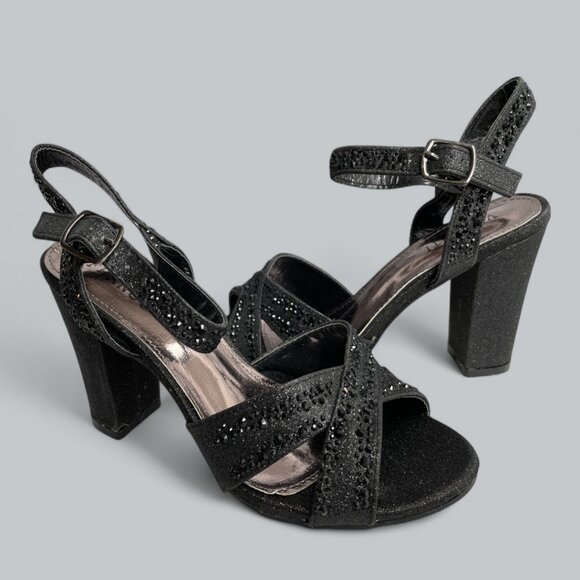 Valenti Franco Strappy Sandal Black Glitter Beaded High Heel Shoes Women's 7.5 - Picture 2 of 11